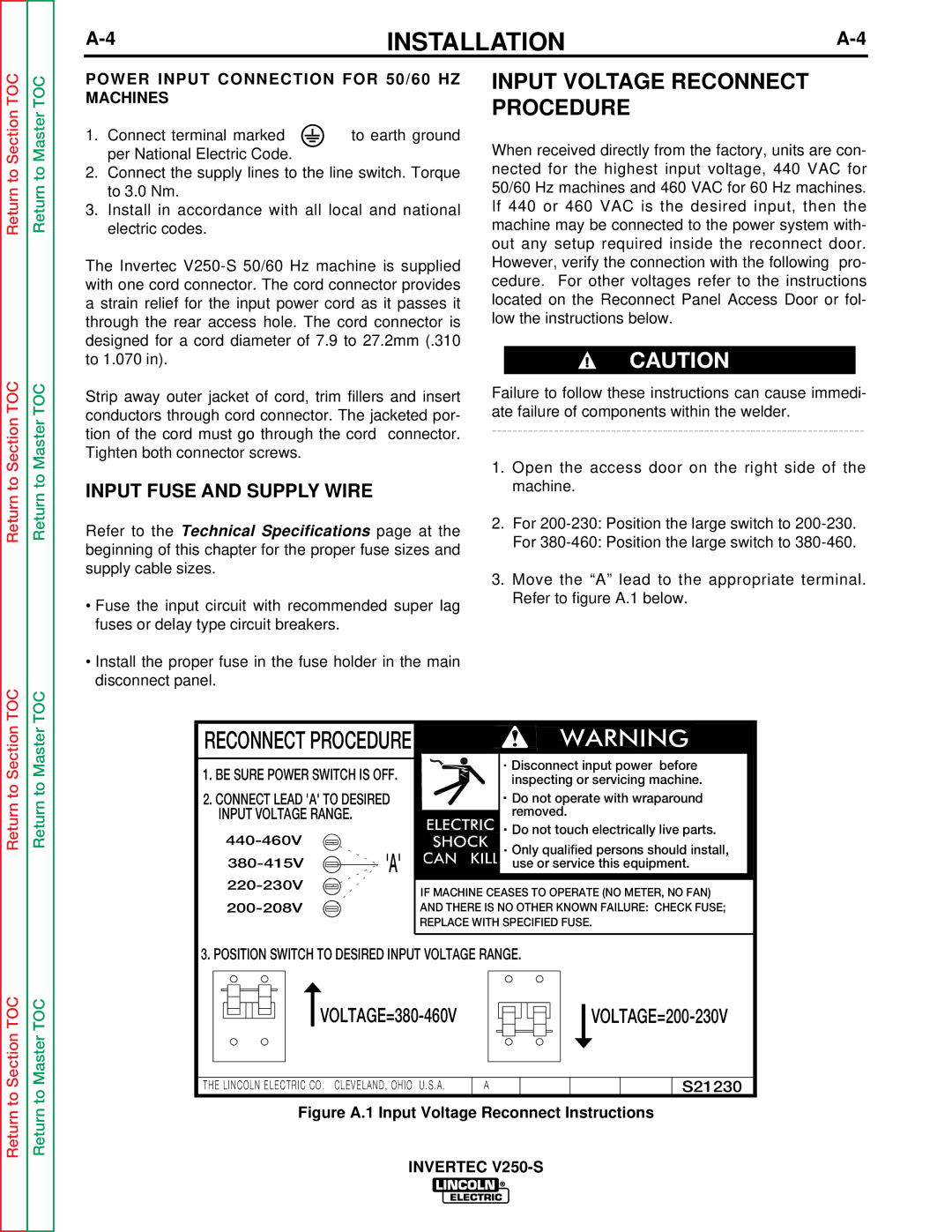 Lincoln Electric V250-S service manual Input Voltage Reconnect Procedure, Input Fuse and Supply Wire 