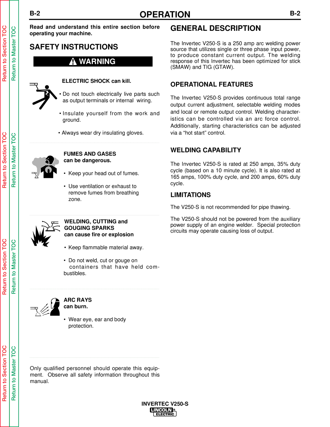 Lincoln Electric V250-S service manual Safety Instructions, Gouging Sparks 