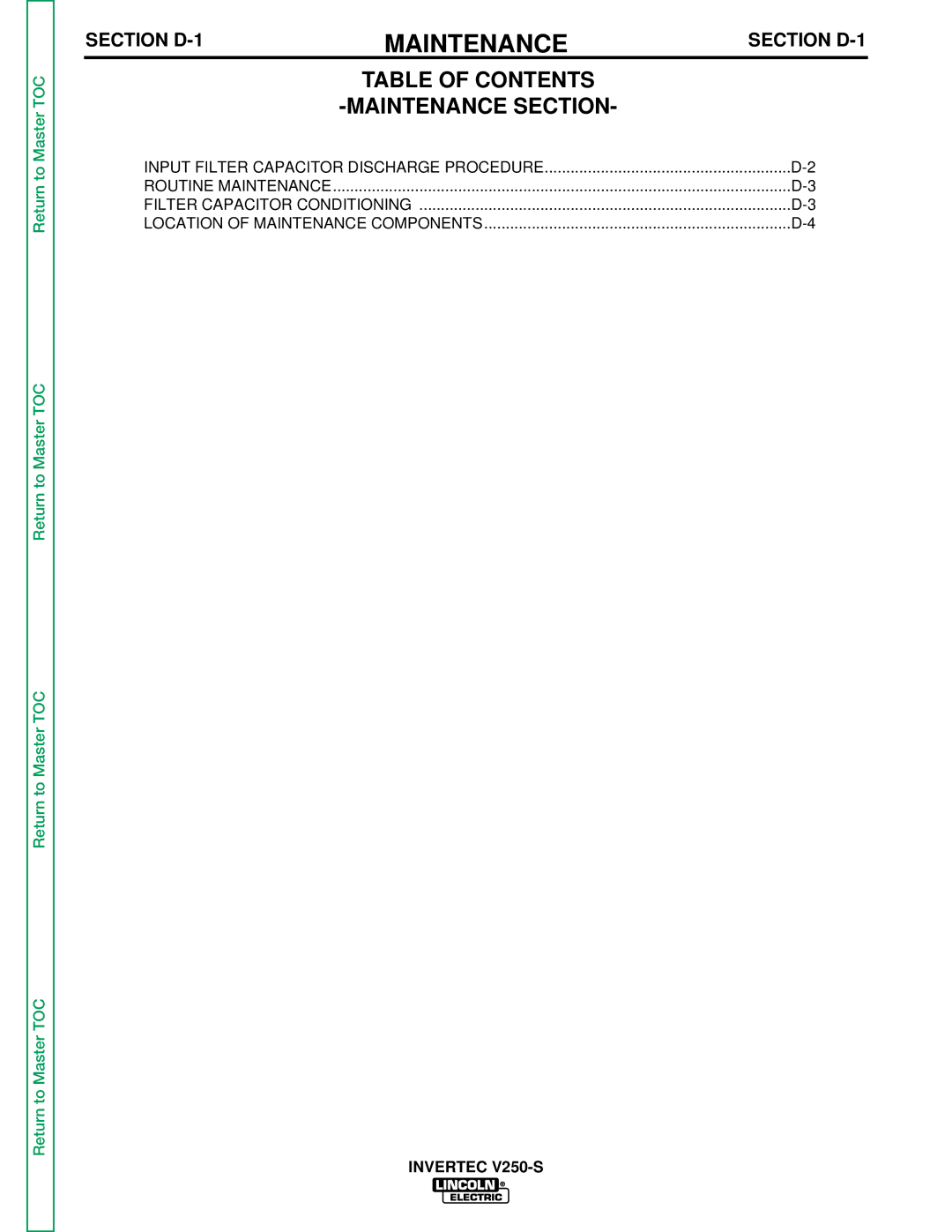 Lincoln Electric V250-S service manual Table of Contents Maintenance Section 