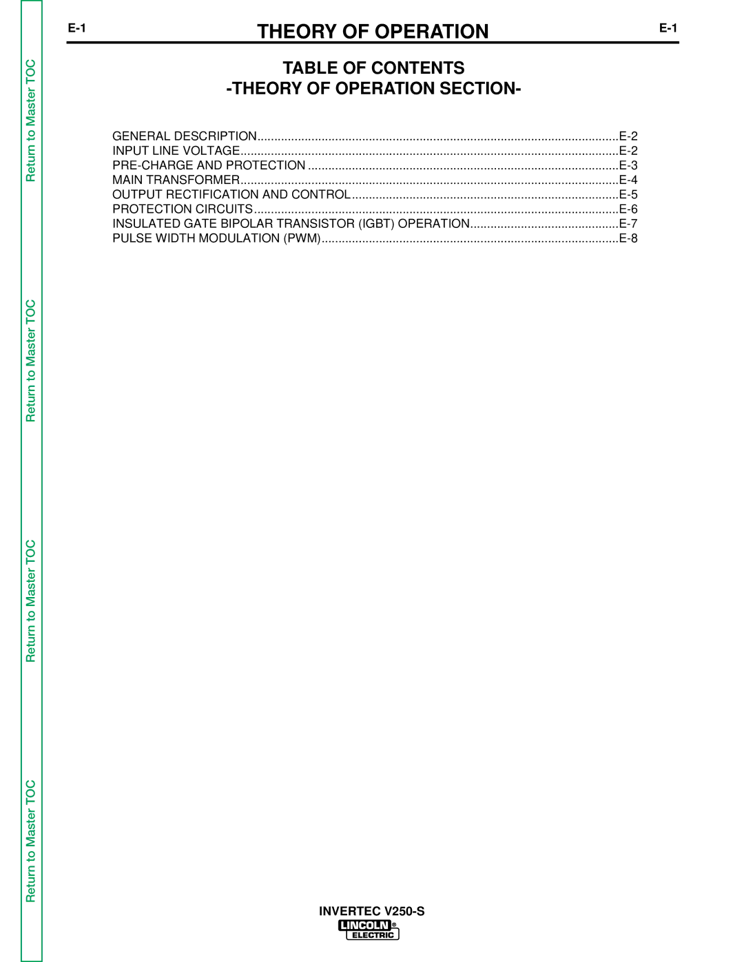 Lincoln Electric V250-S service manual Table of Contents Theory of Operation Section 