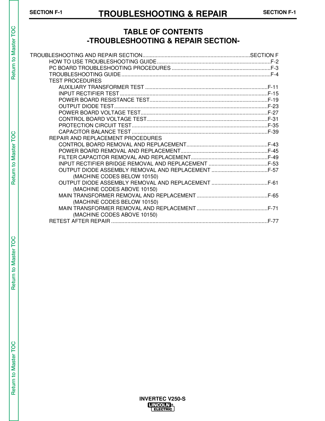 Lincoln Electric V250-S service manual Troubleshooting & Repair 