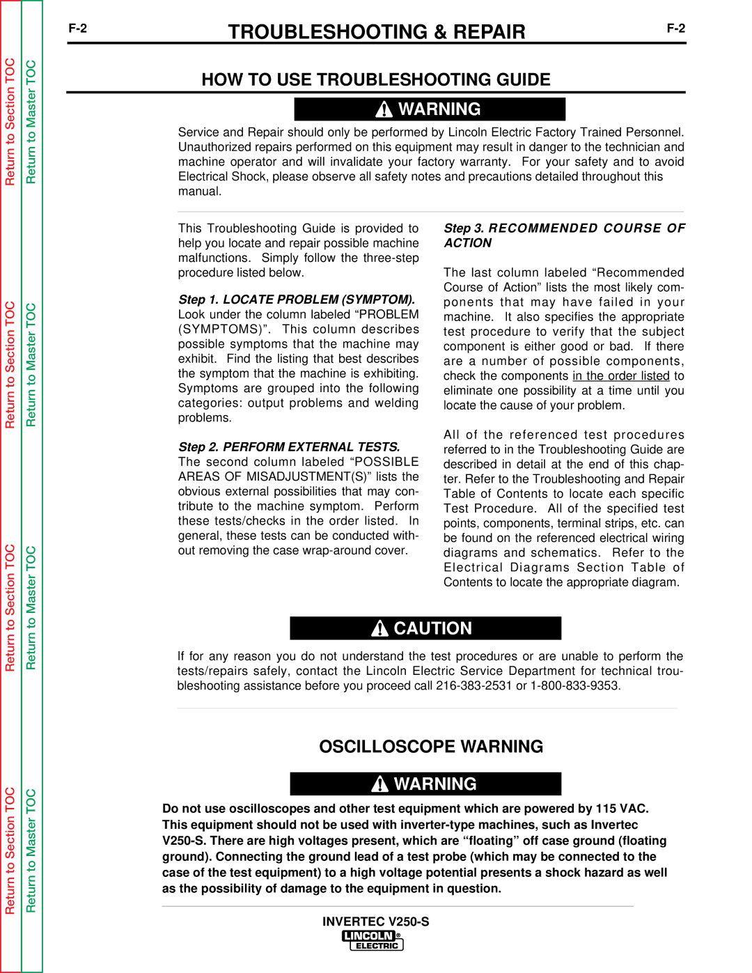 Lincoln Electric V250-S service manual HOW to USE Troubleshooting Guide, Oscilloscope Warning 