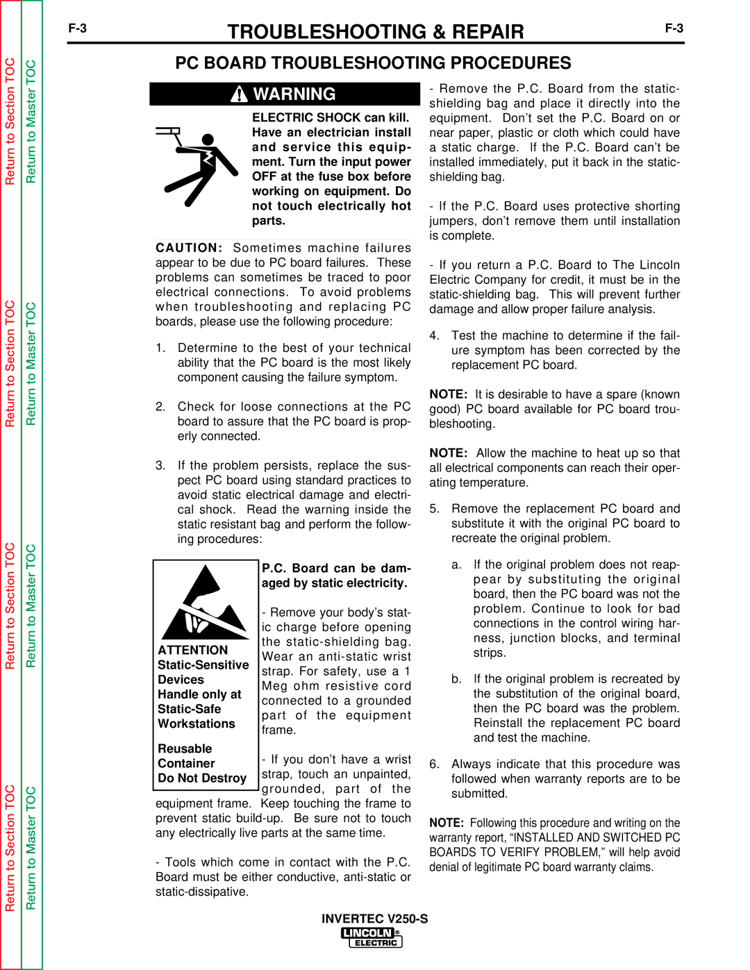 Lincoln Electric V250-S service manual PC Board Troubleshooting Procedures, Board can be dam- aged by static electricity 