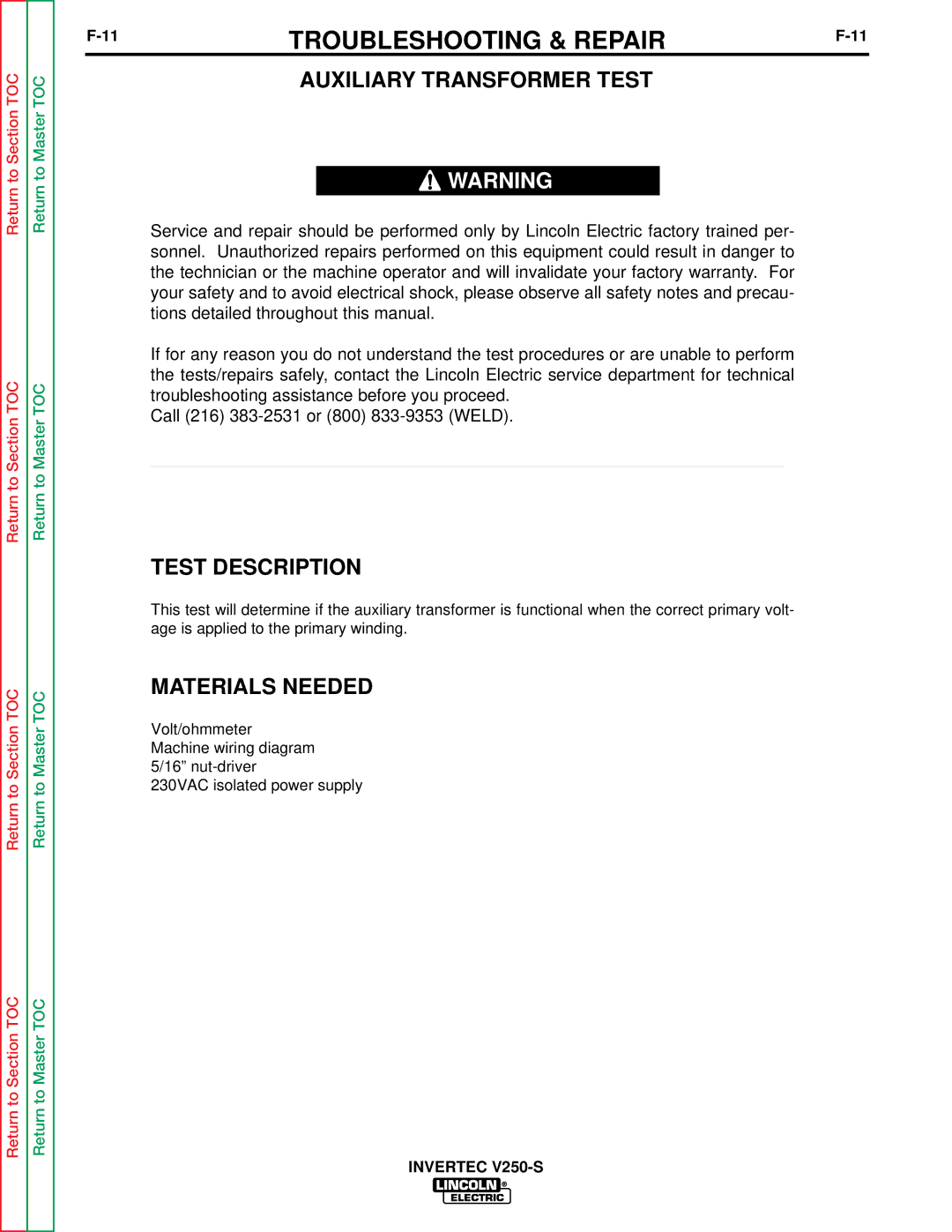 Lincoln Electric V250-S service manual Auxiliary Transformer Test, Test Description, Materials Needed 