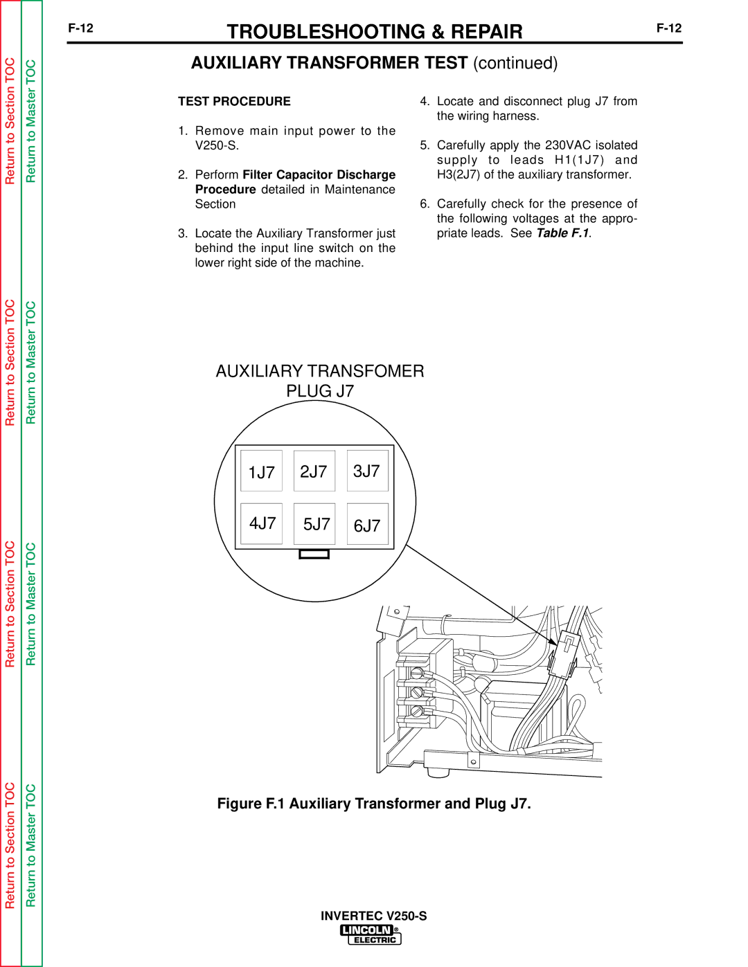 Lincoln Electric V250-S service manual Auxiliary Transformer Test, Test Procedure 