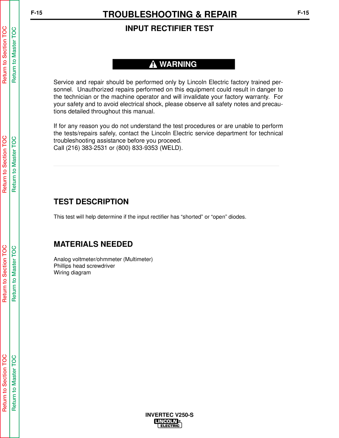 Lincoln Electric V250-S service manual Input Rectifier Test, Test Description 