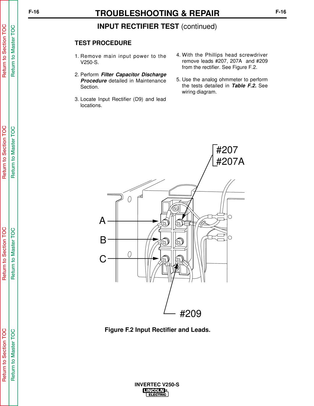 Lincoln Electric V250-S service manual Input Rectifier Test, Test Procedure 