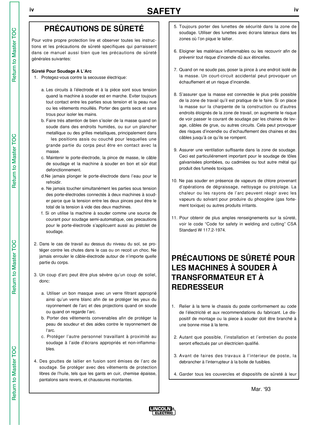 Lincoln Electric V250-S service manual Précautions DE Sûreté, Sûreté Pour Soudage a L’Arc 