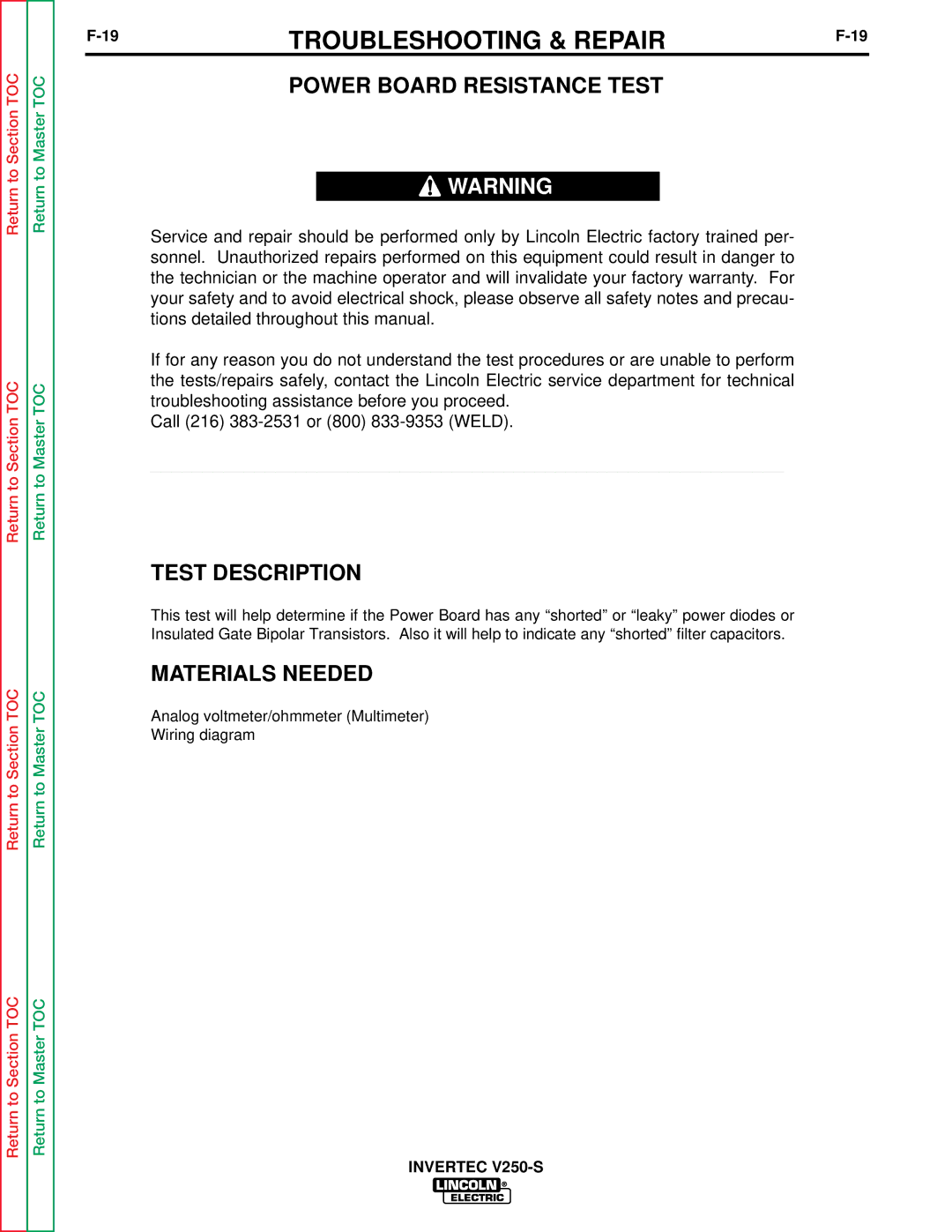 Lincoln Electric V250-S service manual Power Board Resistance Test, Test Description 