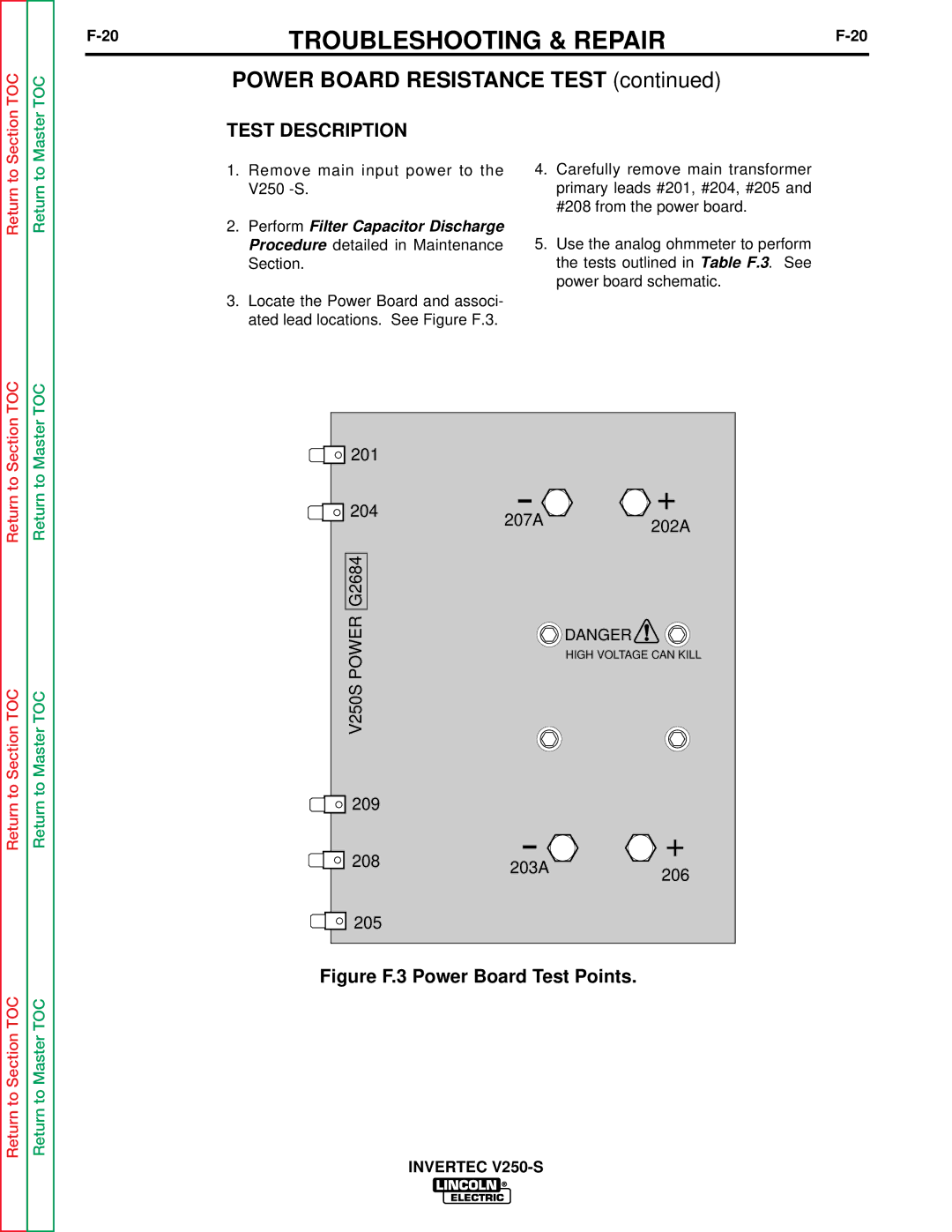 Lincoln Electric V250-S service manual Power Board Resistance Test, Test Description 