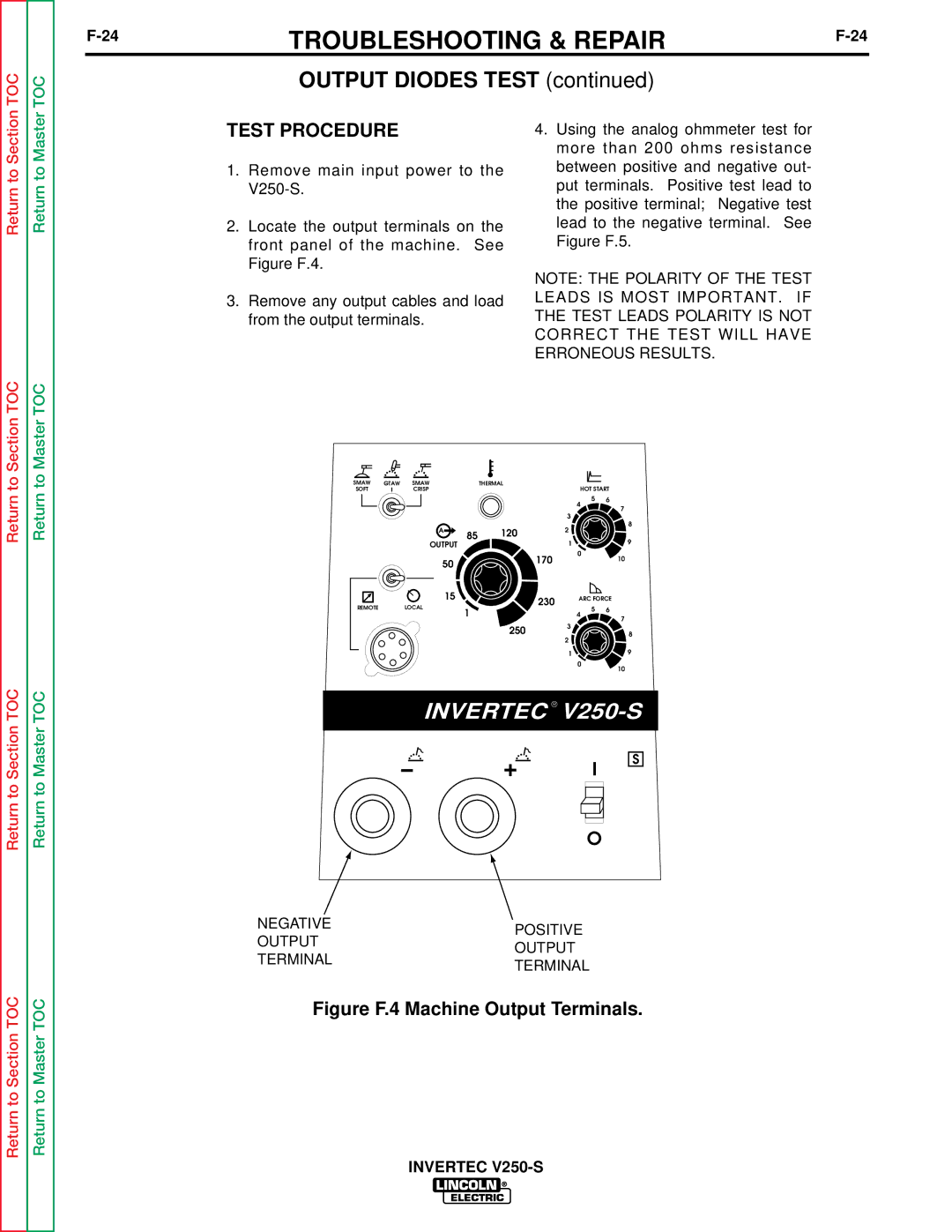 Lincoln Electric V250-S service manual Output Diodes Test, Figure F.4 Machine Output Terminals 