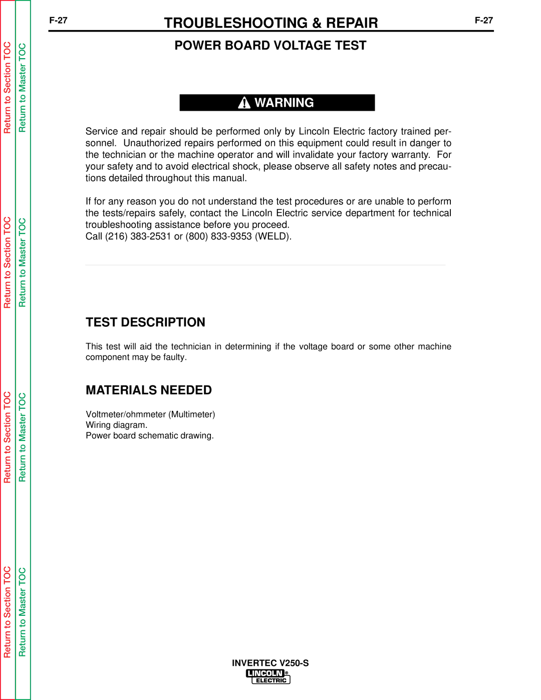 Lincoln Electric V250-S service manual Power Board Voltage Test, Test Description 