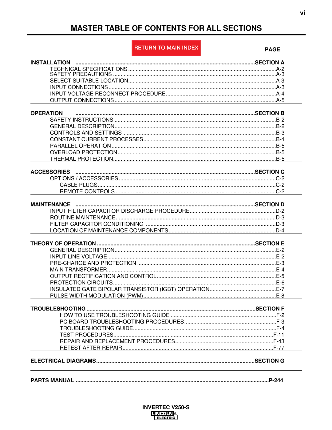 Lincoln Electric V250-S service manual Master Table of Contents for ALL Sections 