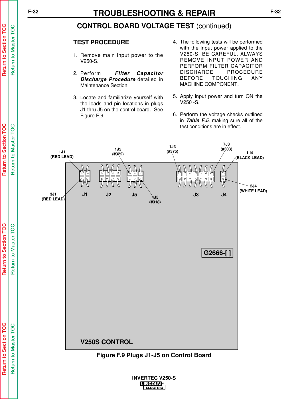 Lincoln Electric V250-S service manual Control Board Voltage Test, Figure F.9 Plugs J1-J5 on Control Board 