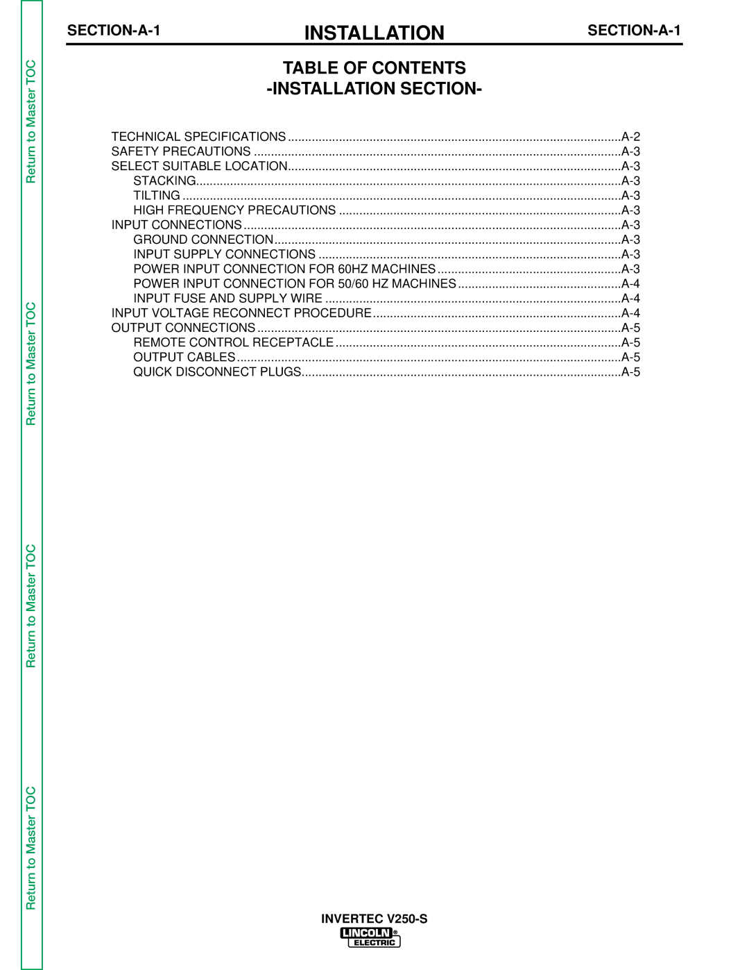 Lincoln Electric V250-S service manual Table of Contents Installation Section 