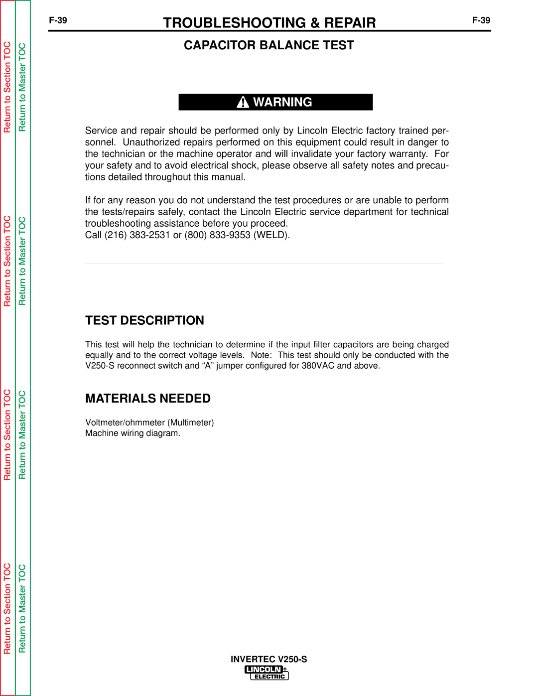 Lincoln Electric V250-S service manual Capacitor Balance Test, Test Description 