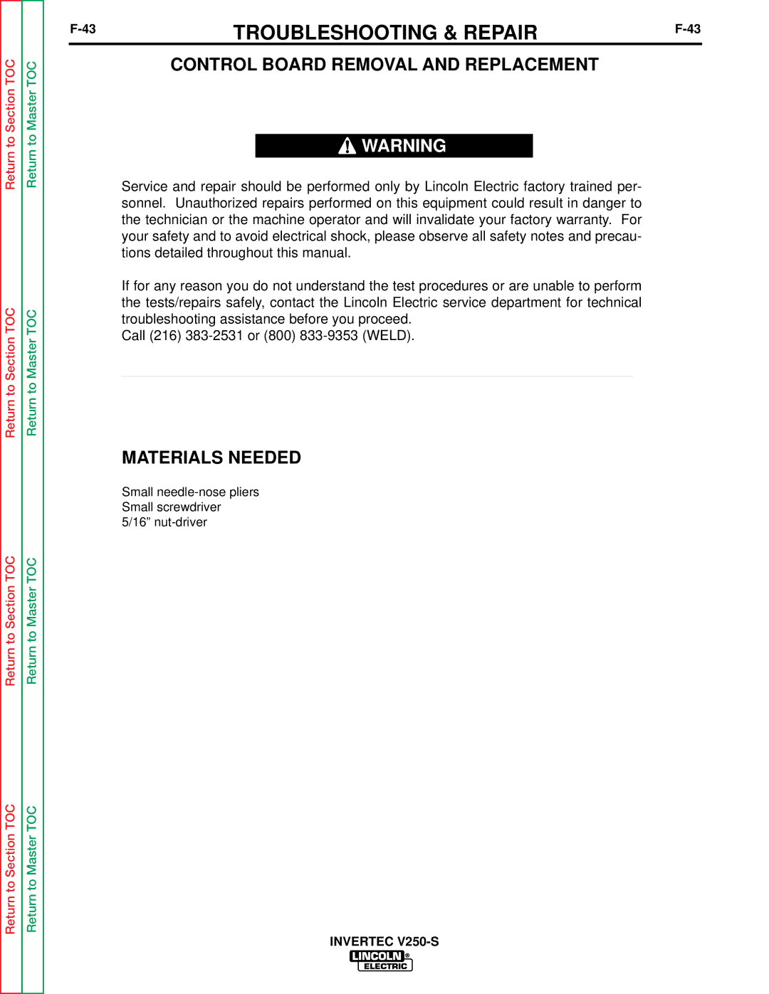 Lincoln Electric V250-S service manual Control Board Removal and Replacement, Materials Needed 