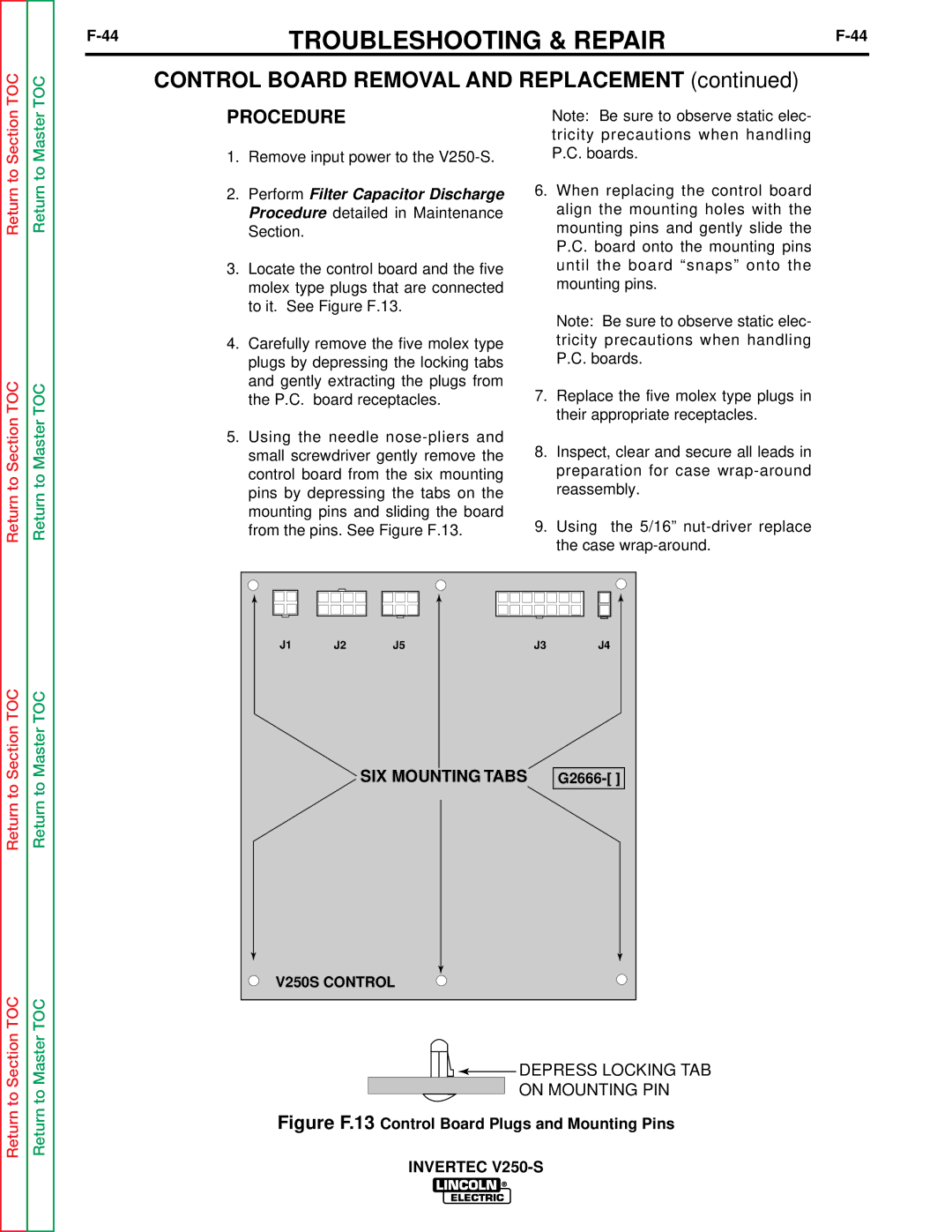 Lincoln Electric V250-S service manual Control Board Removal and Replacement, Procedure, V250S Control 