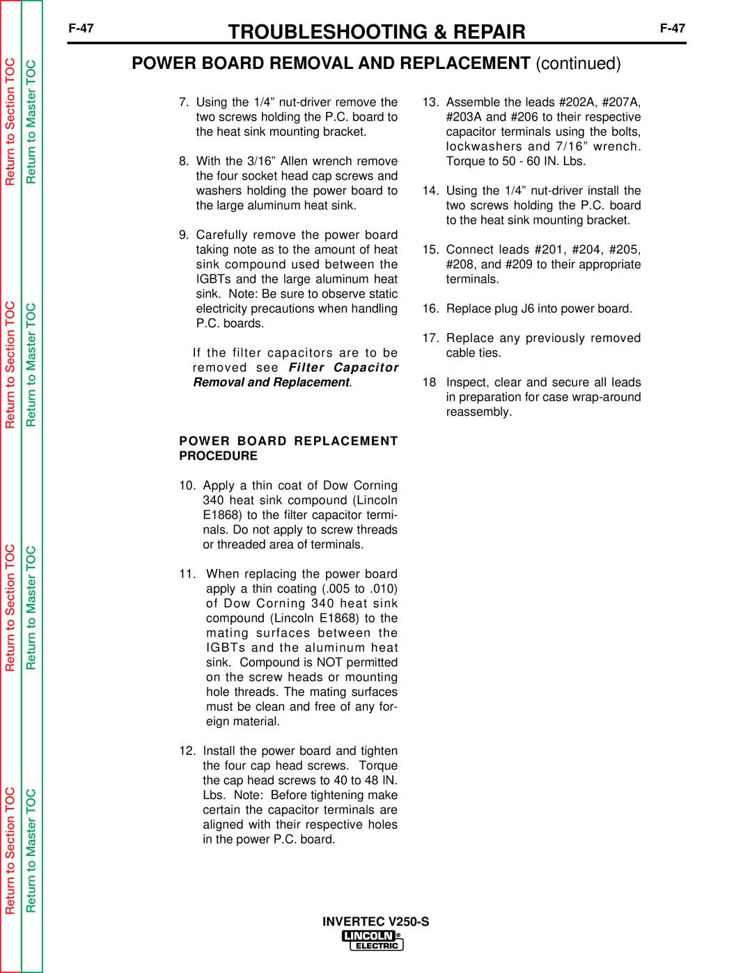 Lincoln Electric V250-S service manual Power Board Replacement Procedure 