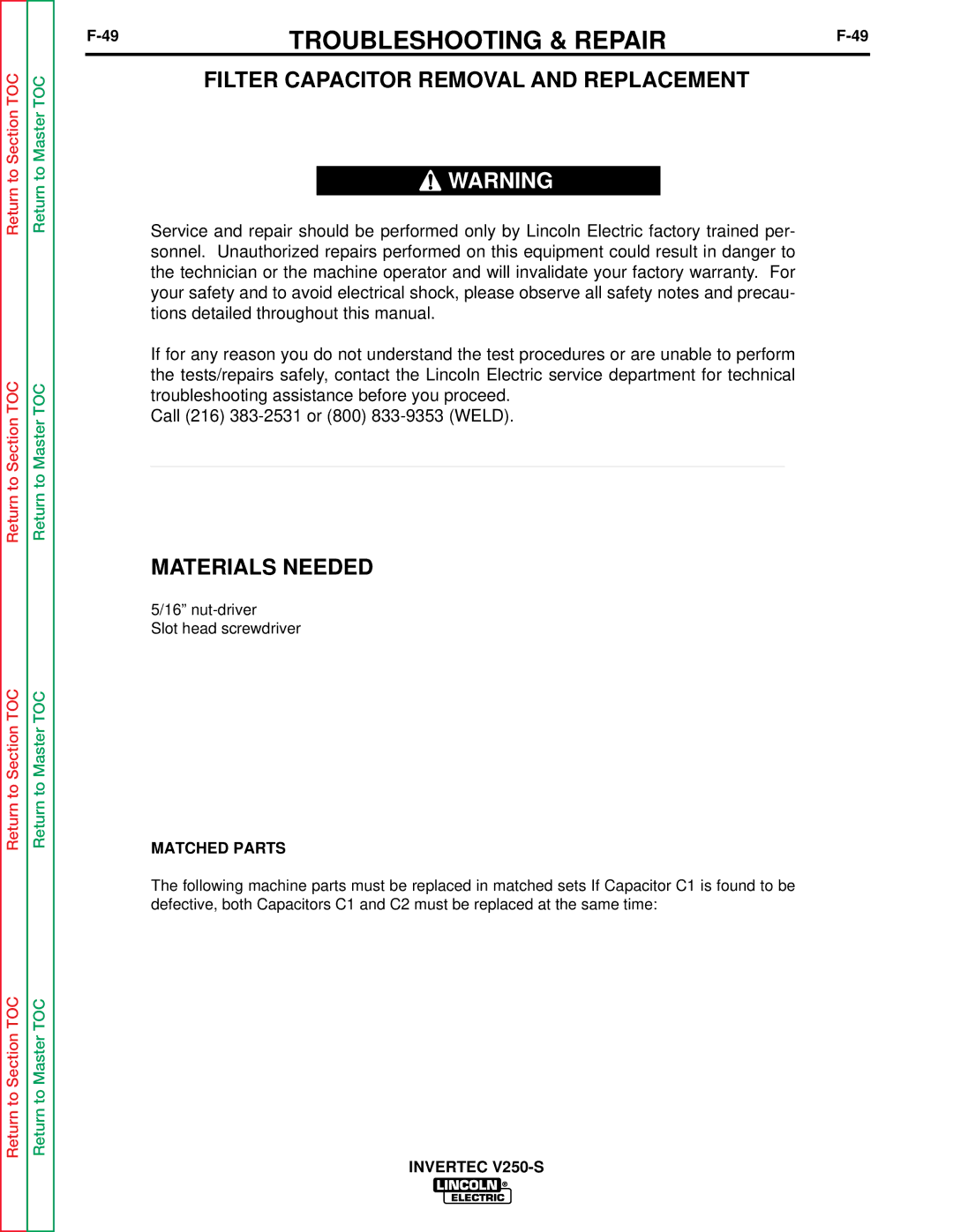 Lincoln Electric V250-S service manual Filter Capacitor Removal and Replacement, Matched Parts 