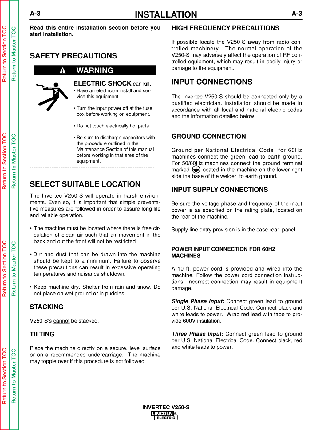 Lincoln Electric V250-S service manual Safety Precautions, Input Connections, Select Suitable Location 