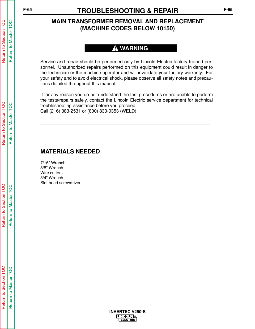 Lincoln Electric V250-S service manual Main Transformer Removal and Replacement Machine Codes below 