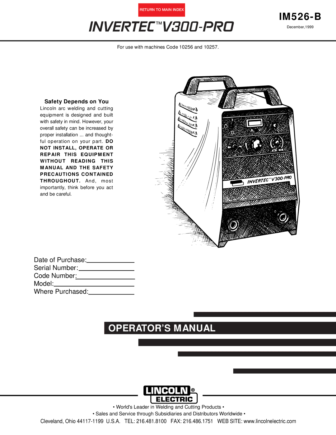 Lincoln Electric manual INVERTECV300-PRO December,1999 