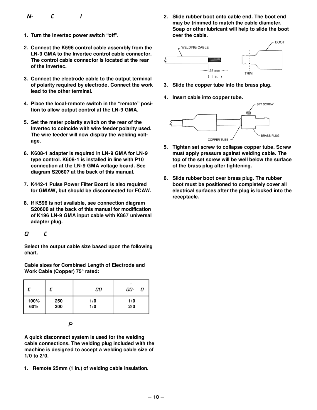 Lincoln Electric V300-PRO manual LN-9 GMA Connection Instructions, Output Cables, Quick Disconnect Plugs 