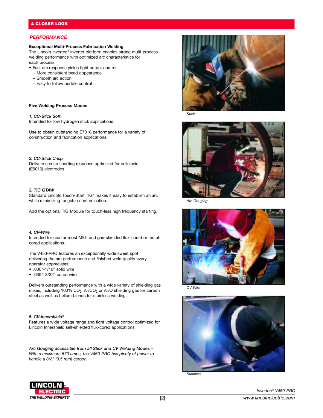 Lincoln Electric V450-PRO Performance, Exceptional Multi-Process Fabrication Welding, Five Welding Process Modes 