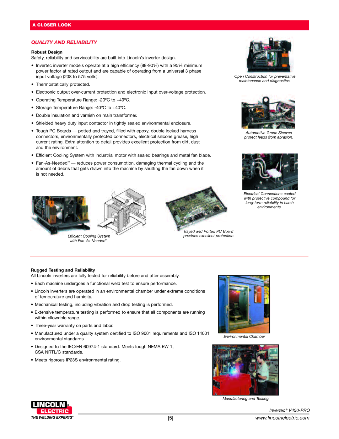 Lincoln Electric V450-PRO technical specifications Quality and Reliability, Robust Design, Rugged Testing and Reliability 