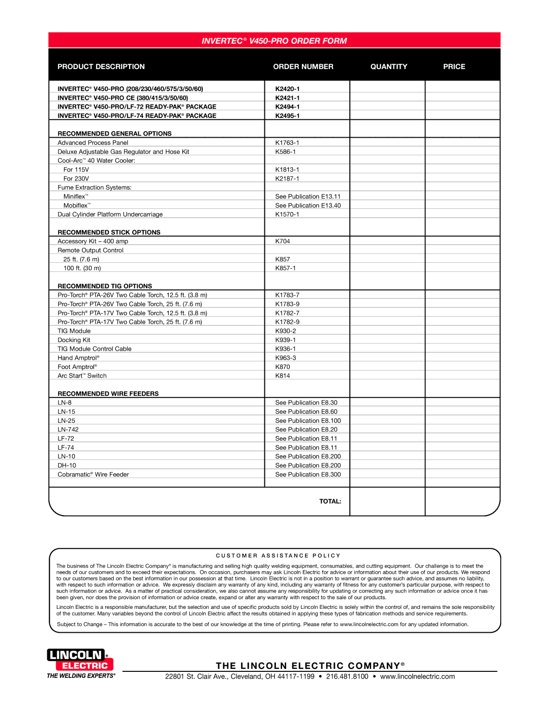 Lincoln Electric V450-PRO technical specifications LI NC OLN Elec Tric Comp ANY 