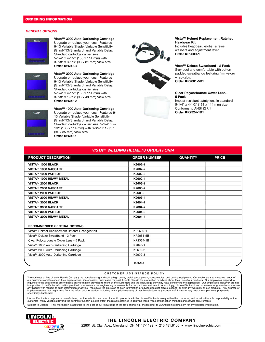 Lincoln Electric manual Vista Welding Helmets Order Form, Ordering Information 