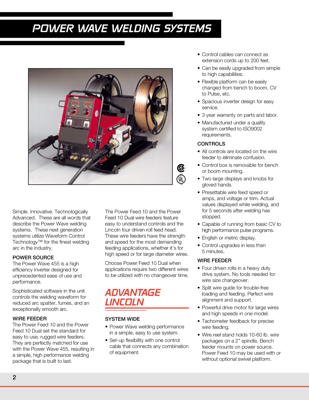 Lincoln Electric WELDING SYSTEMS manual Advantage Lincoln, Power Source, Wire Feeder, System Wide, Controls 