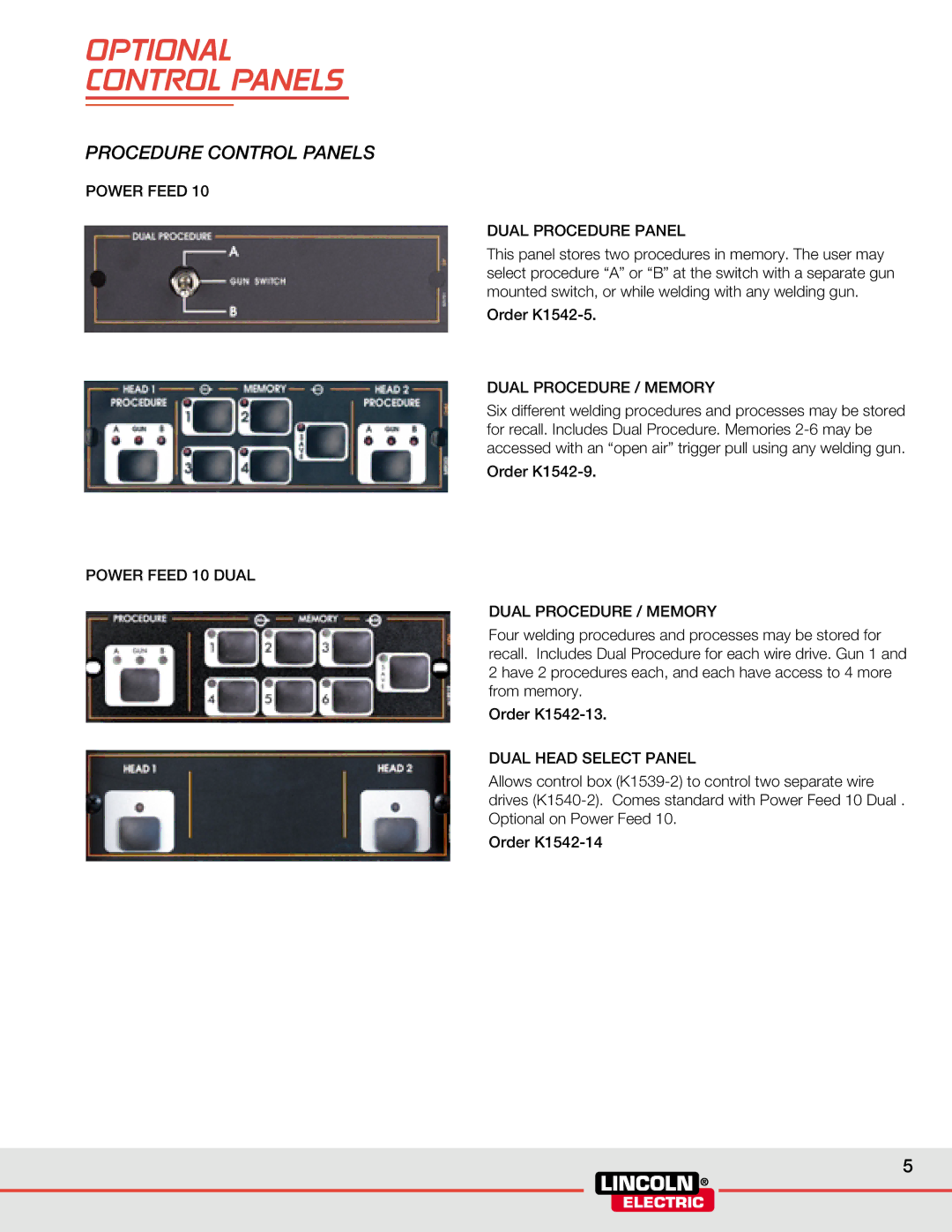 Lincoln Electric WELDING SYSTEMS manual Optional Control Panels, Power Feed Dual Procedure Panel, Dual Procedure / Memory 