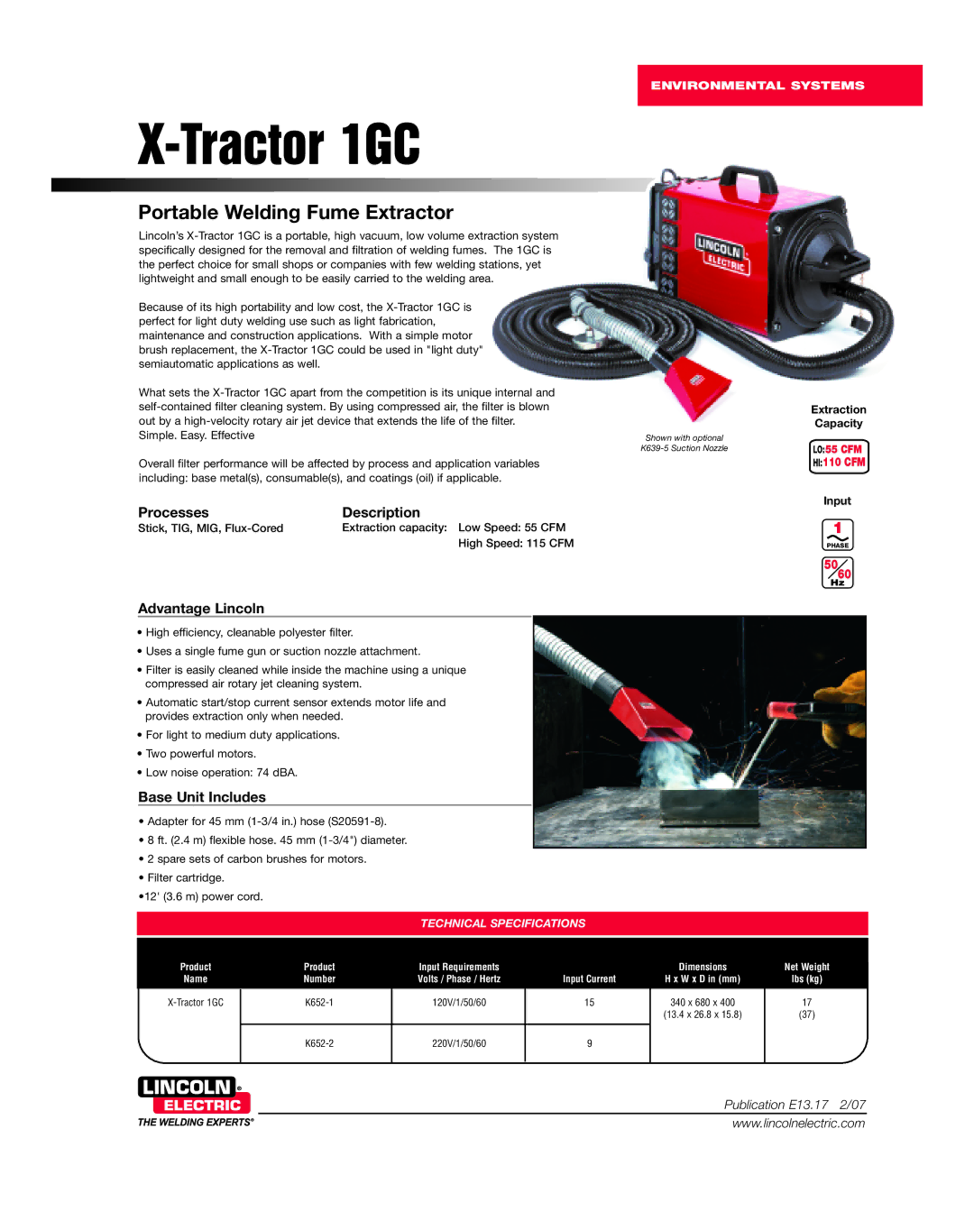 Lincoln Electric X-Tractor 1GC technical specifications Environmental Systems, Extraction Capacity, Input 