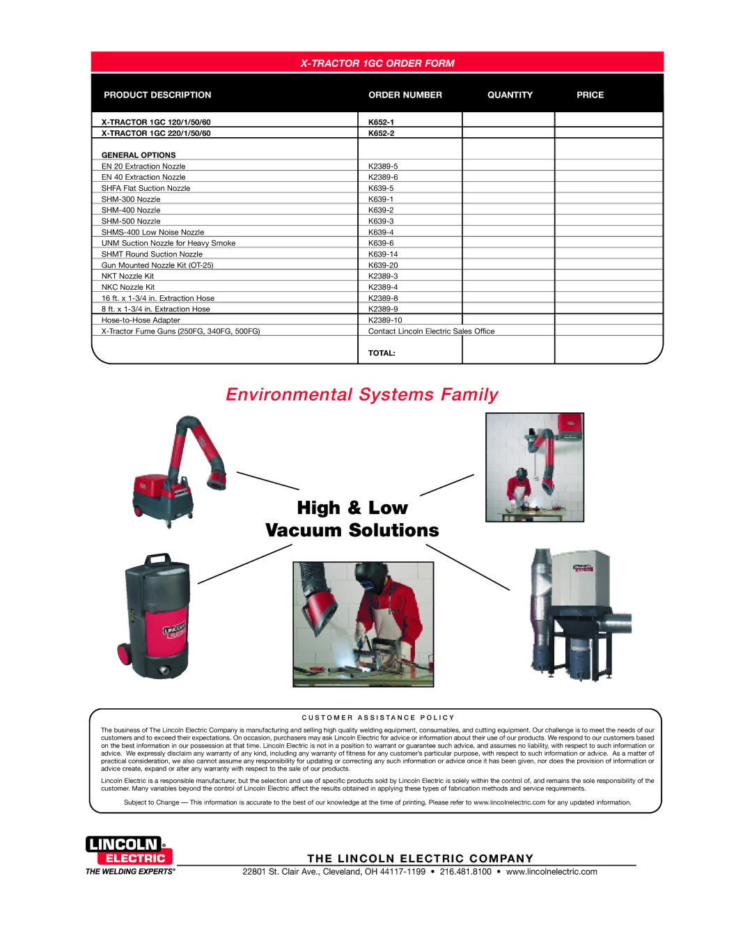 Lincoln Electric X-Tractor 1GC Tractor 1GC Order Form, Product Description Order Number Quantity Price 