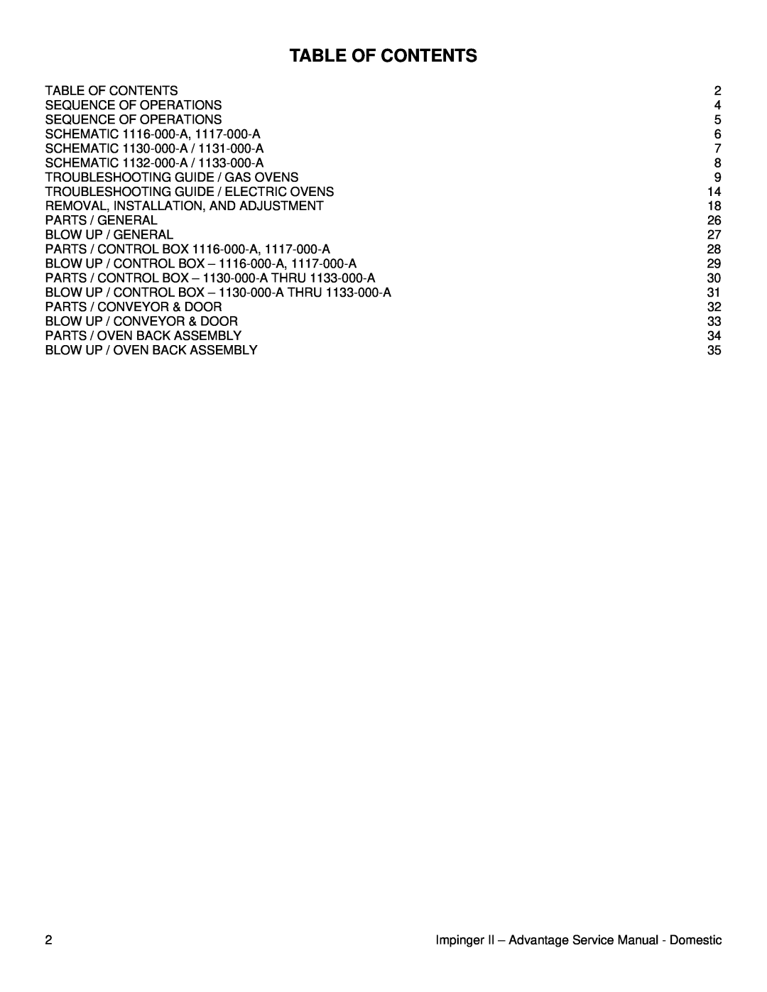 Lincoln II - Advantage Series service manual Table Of Contents 