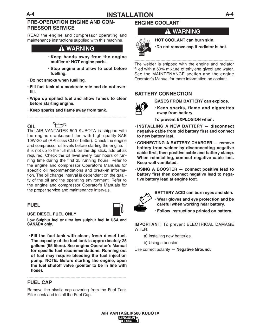 Lincoln IM985 manual PRE-OPERATION Engine and COM- Pressor Service, Oil, Fuel CAP, Engine Coolant 