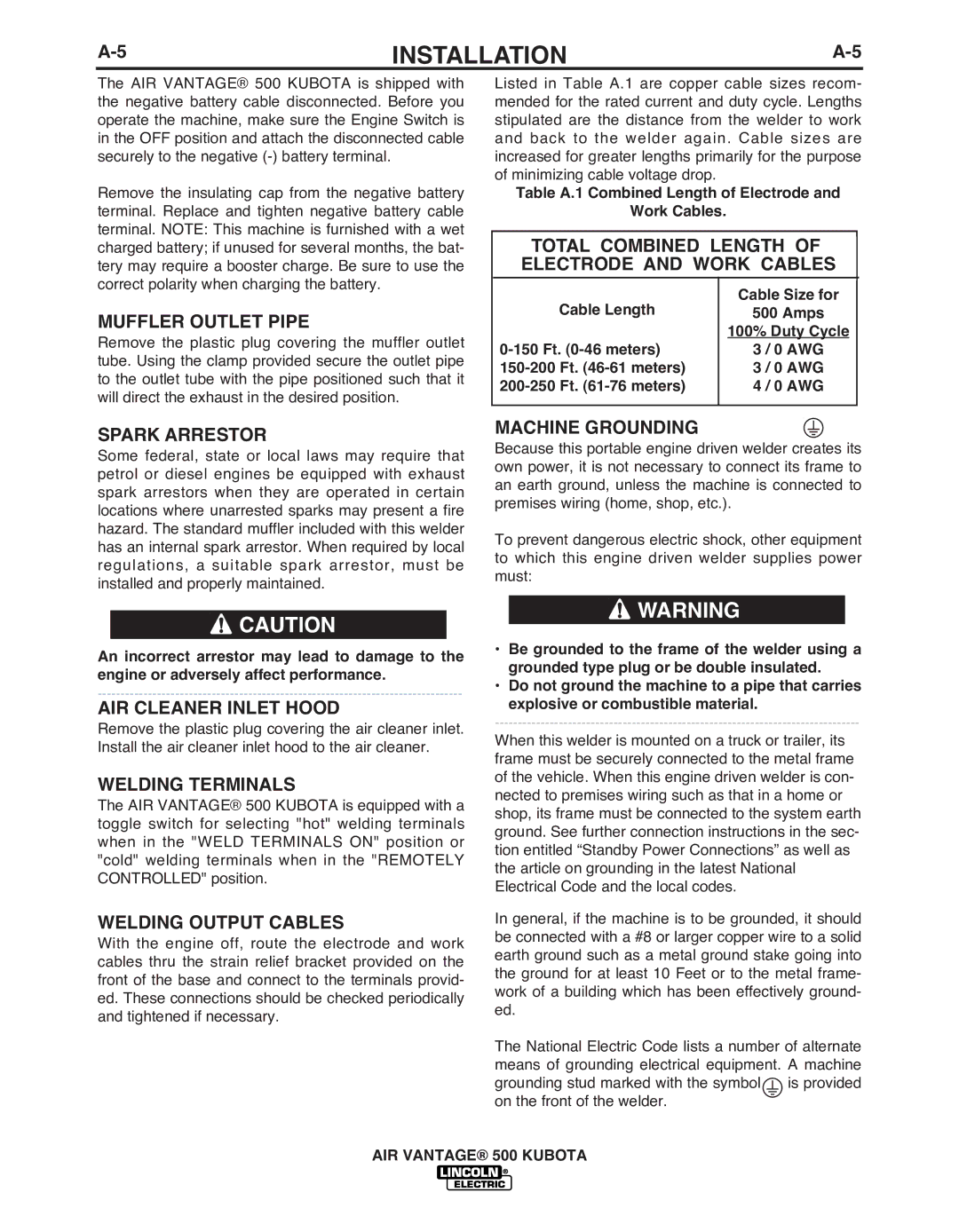 Lincoln IM985 manual Muffler Outlet Pipe, Spark Arrestor, AIR Cleaner Inlet Hood, Welding Terminals, Machine Grounding 