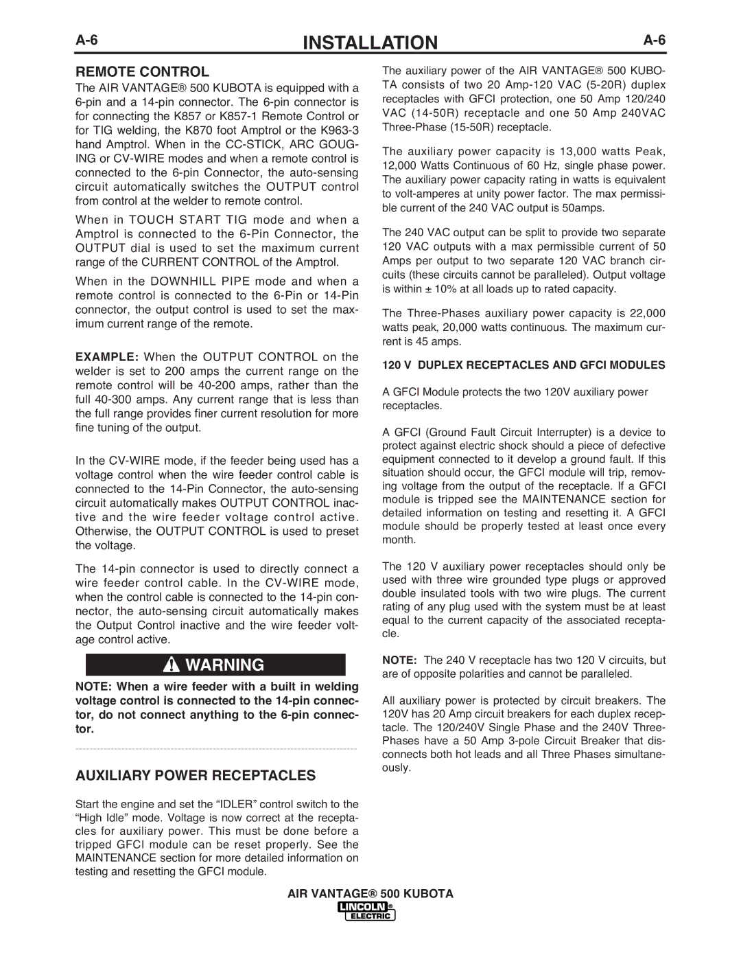 Lincoln IM985 manual Remote Control, Auxiliary Power Receptacles 