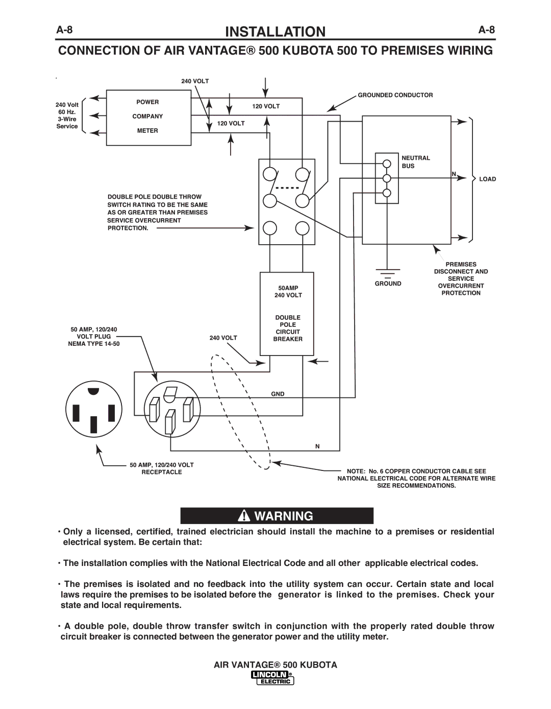 Lincoln IM985 manual Connection of AIR Vantage 500 KUbOTA 500 to Premises Wiring 