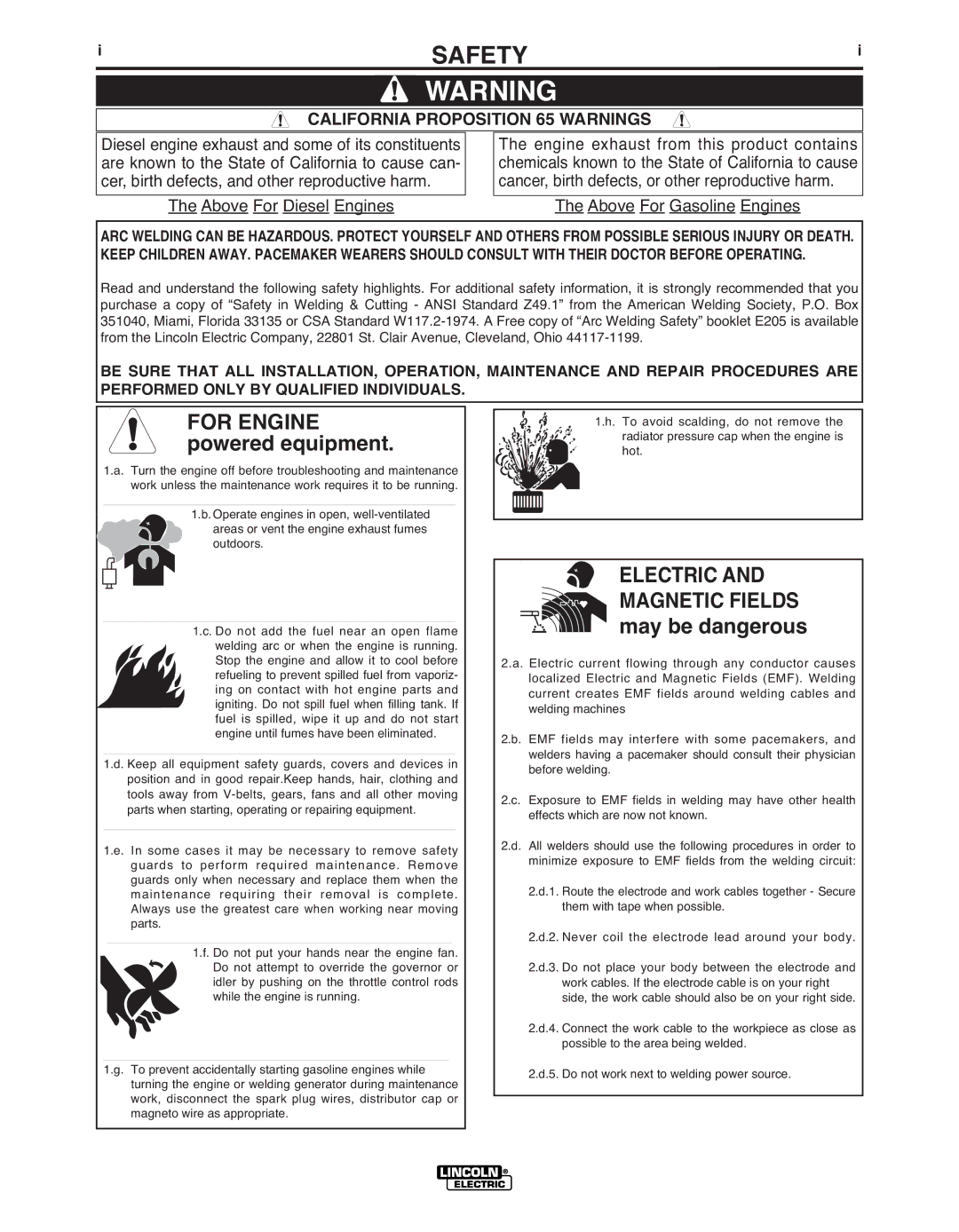 Lincoln IM985 manual Safety, California Proposition 65 Warnings 