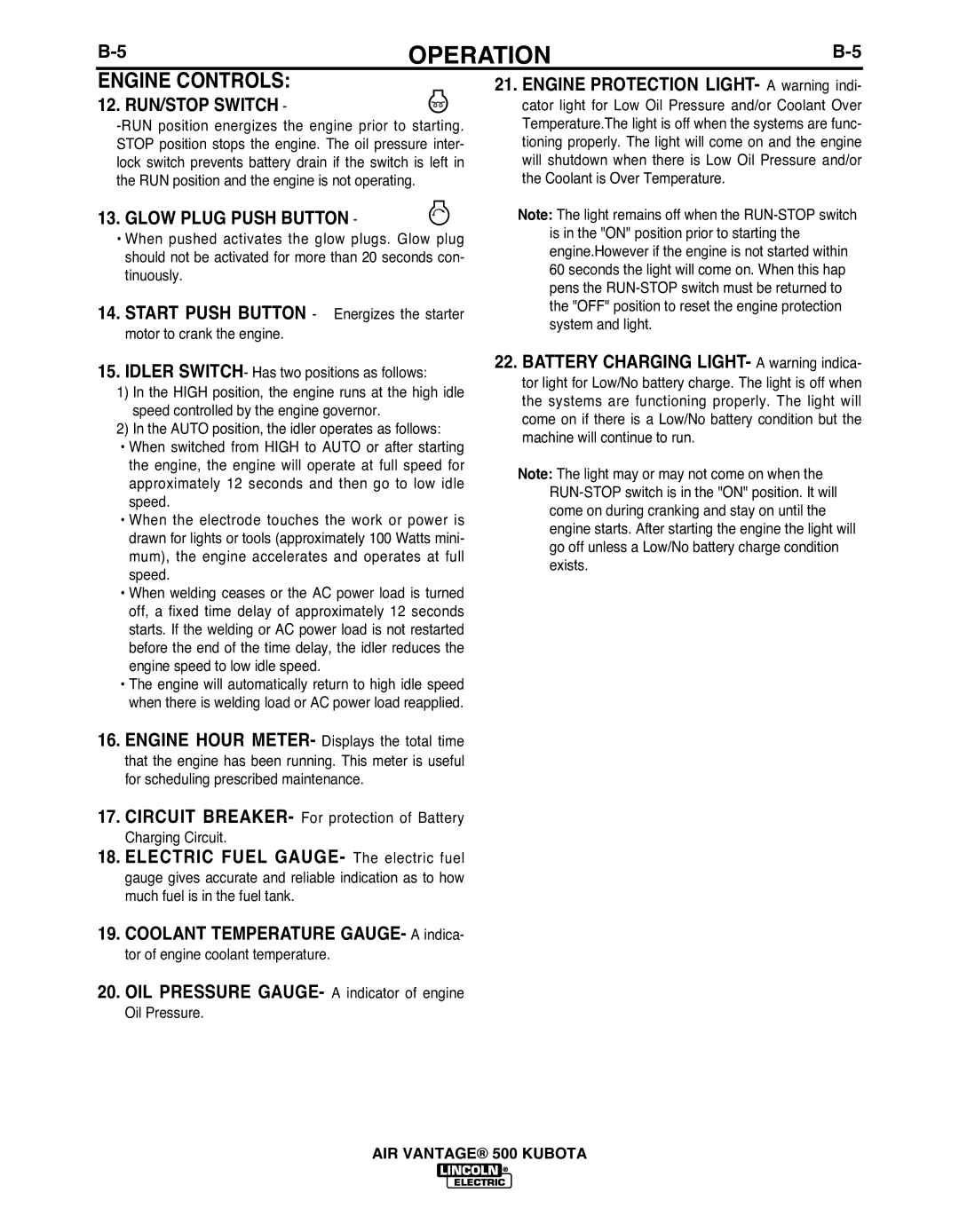 Lincoln IM985 manual Engine Controls, Glow Plug Push bUTTON 