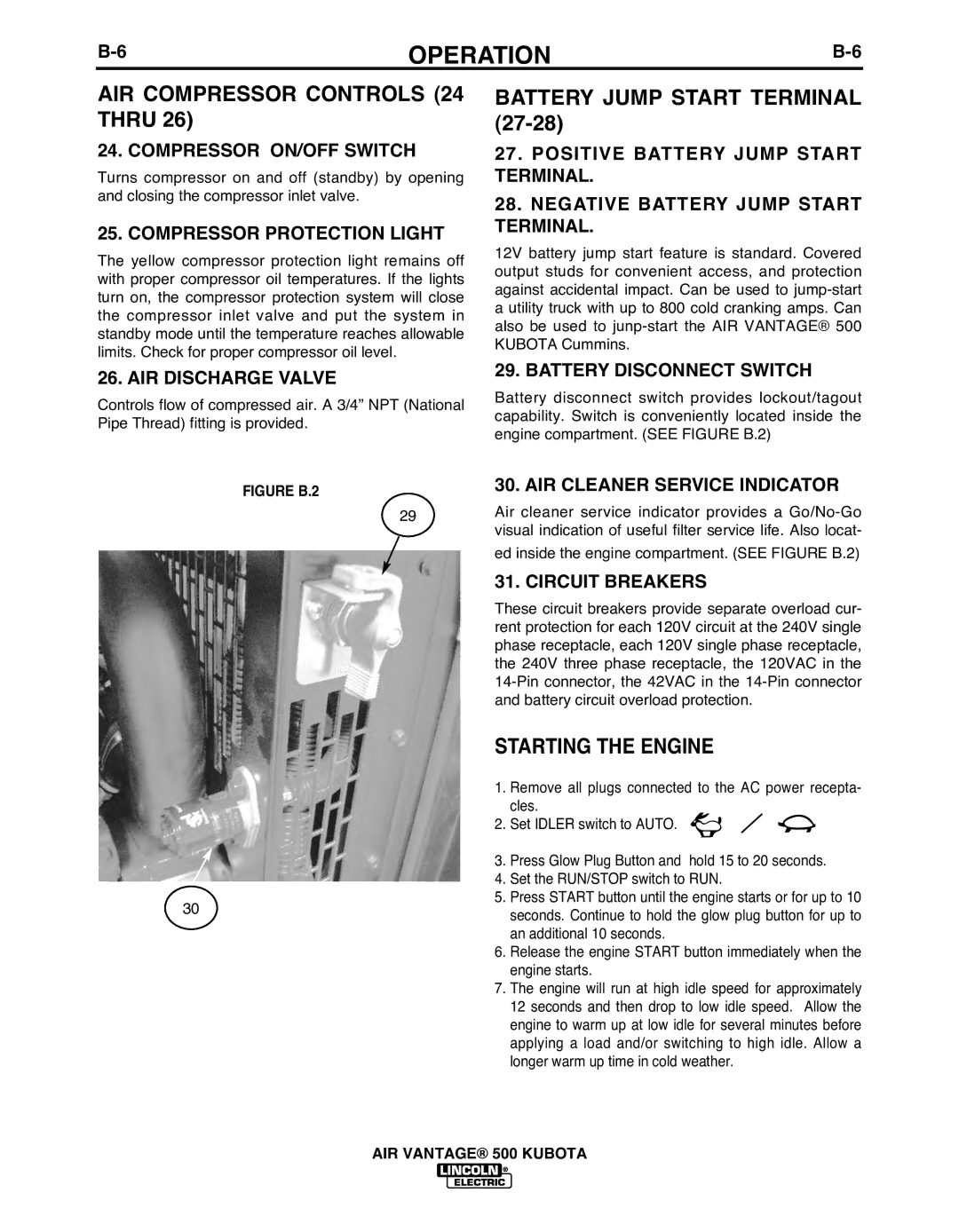 Lincoln IM985 manual AIR Compressor Controls 24 Thru, BATTERY Jump Start Terminal, Starting the Engine 