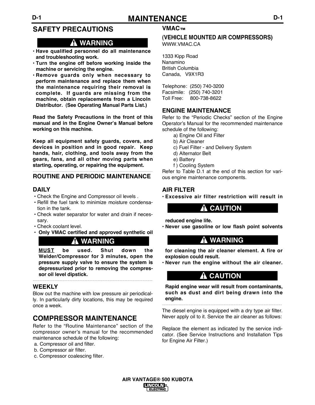 Lincoln IM985 manual Compressor Maintenance 