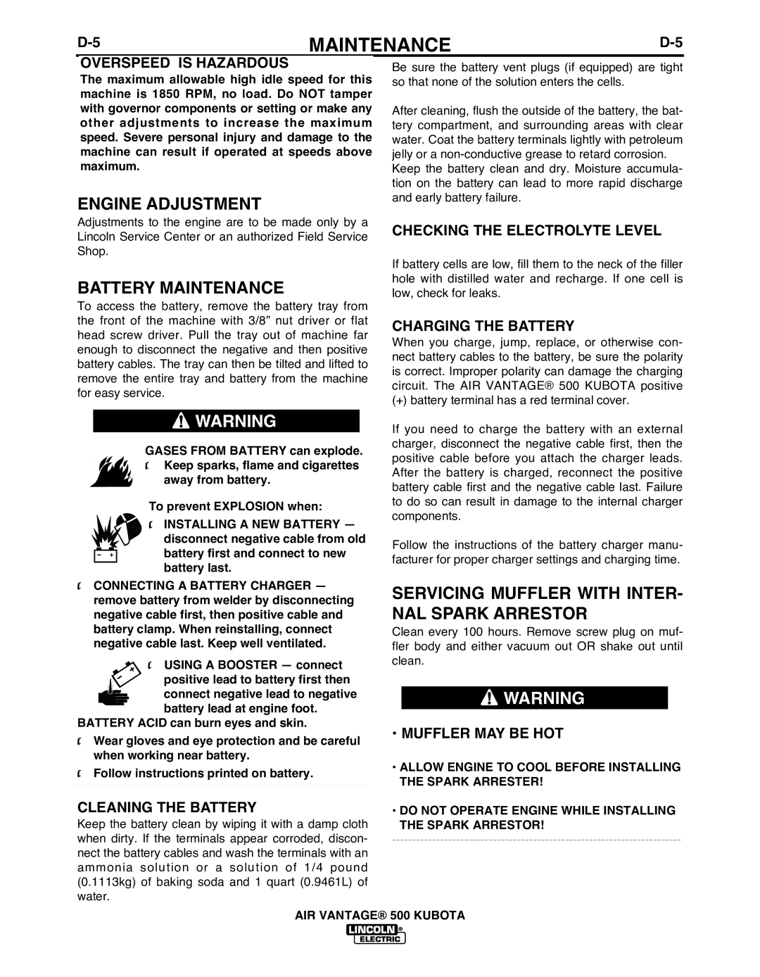 Lincoln IM985 manual Engine Adjustment, BATTERY Maintenance, Servicing Muffler with INTER- NAL Spark Arrestor 