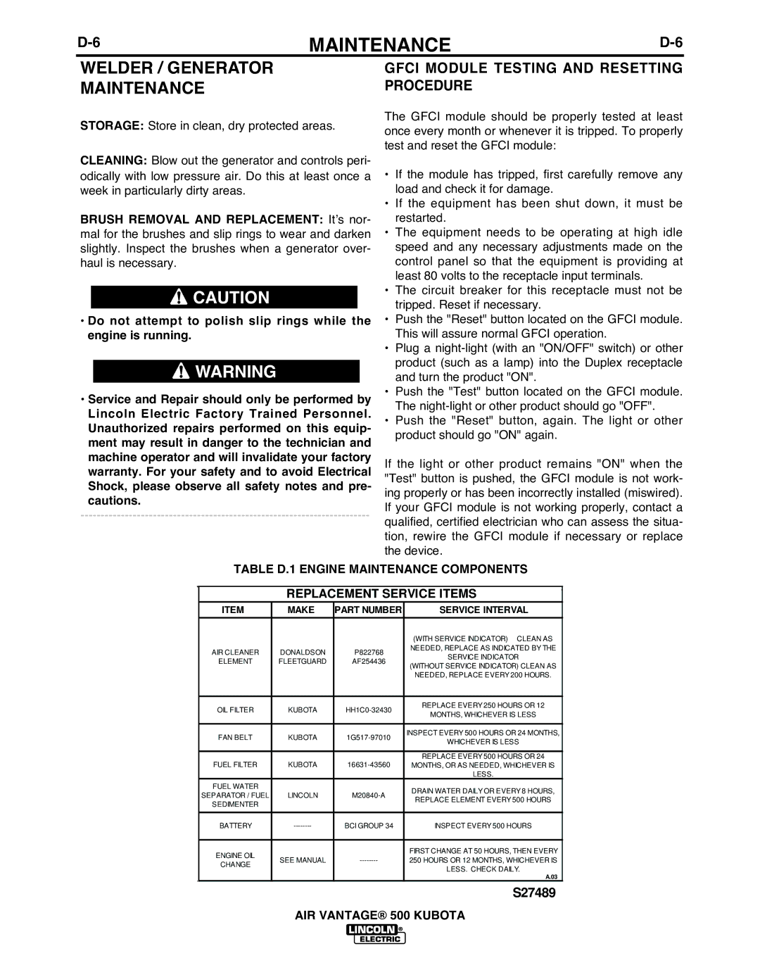 Lincoln IM985 manual Welder / Generator Maintenance, Gfci Module Testing and Resetting Procedure 