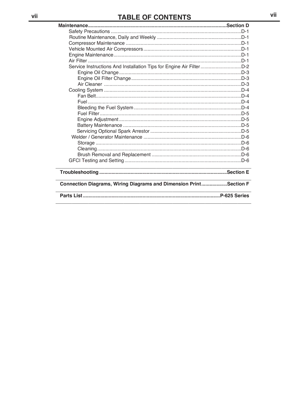 Lincoln IM985 manual Vii, Section D, Section E, Section F, Series 