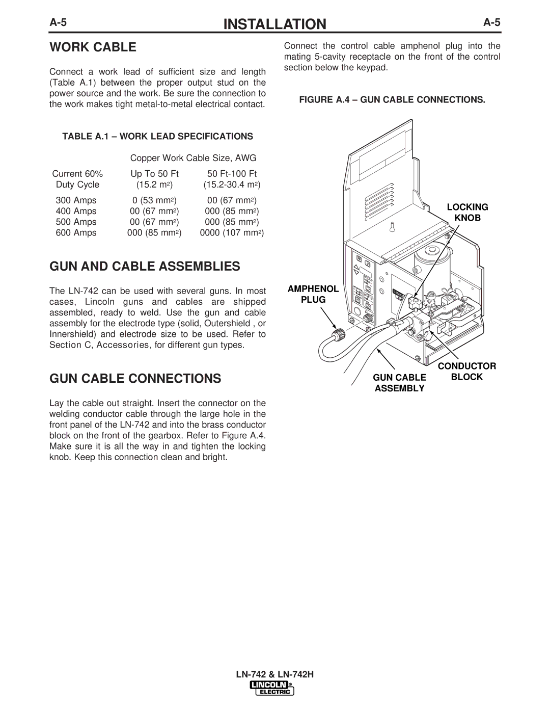 Lincoln LN-742H manual Work Cable, GUN and Cable Assemblies, GUN Cable Connections, Table A.1 Work Lead Specifications 