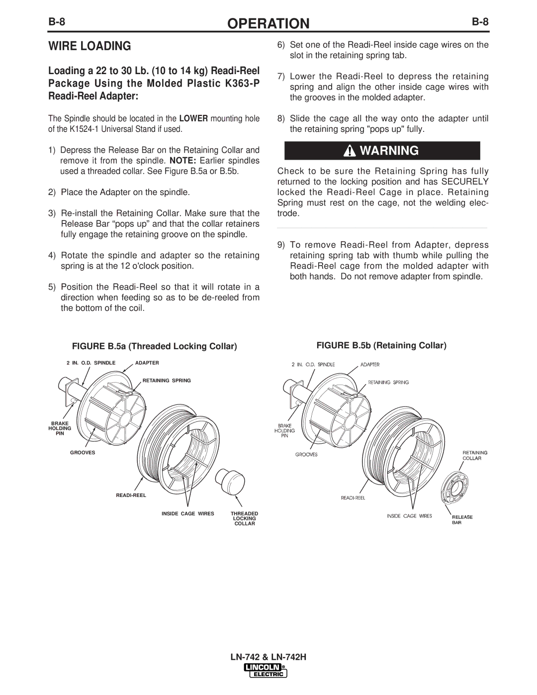 Lincoln LN-742H manual Wire Loading, Figure B.5a Threaded Locking Collar 